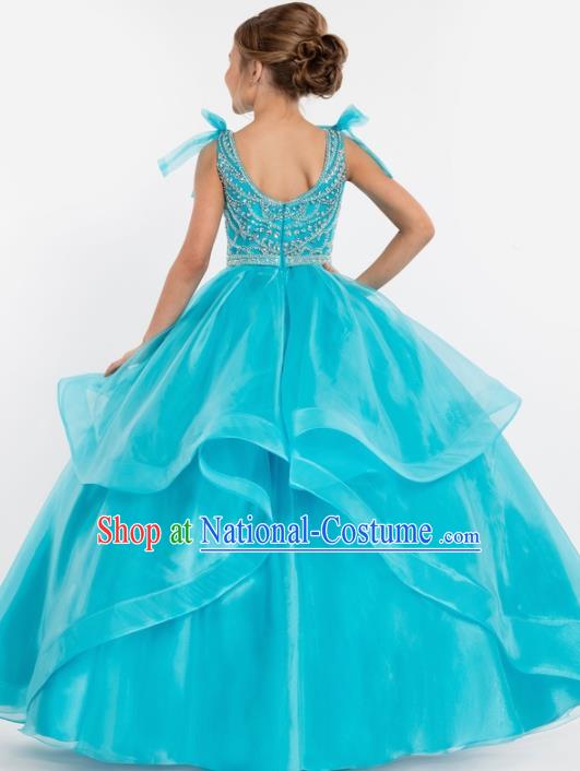 Professional Girls Compere Crystal Blue Full Dress Modern Fancywork Catwalks Stage Show Costume for Kids