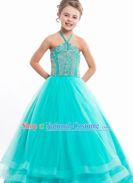 Professional Girls Compere Green Veil Full Dress Modern Fancywork Catwalks Stage Show Costume for Kids