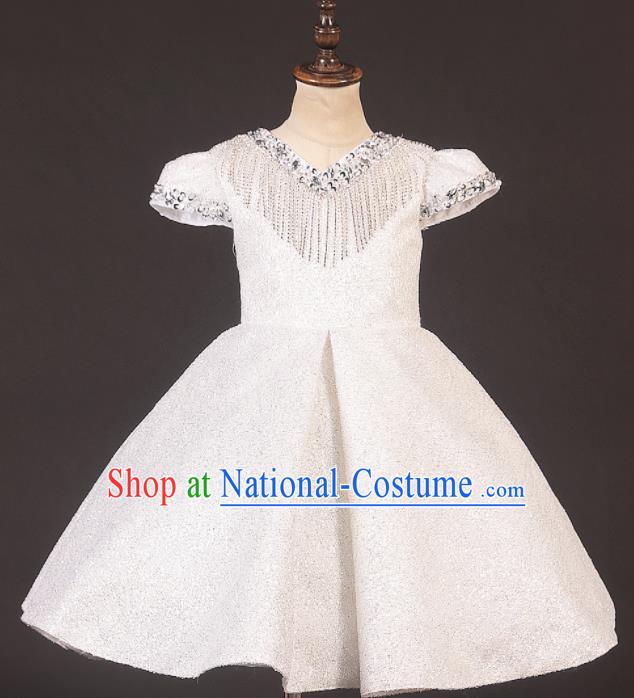 Professional Catwalks Stage Show Dance White Dress Modern Fancywork Compere Court Princess Costume for Kids