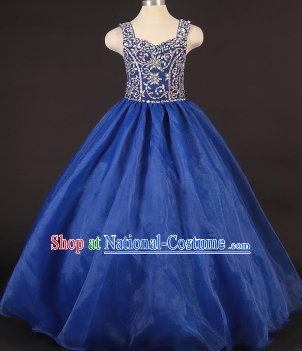 Professional Girls Compere Royalblue Veil Long Full Dress Modern Fancywork Catwalks Stage Show Costume for Kids