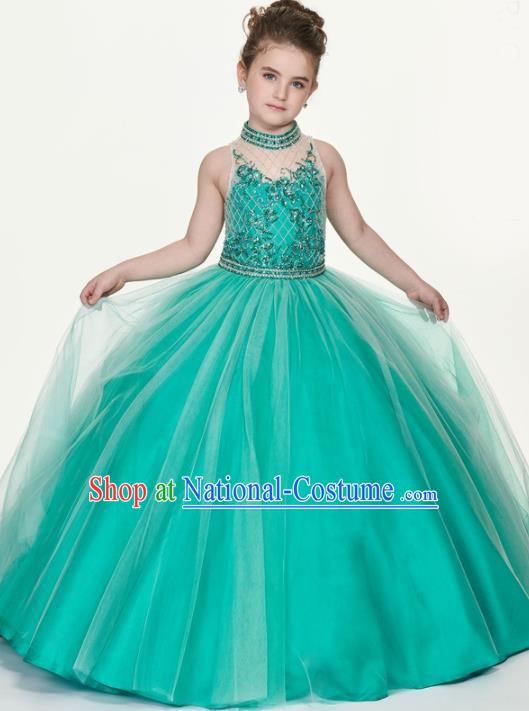 Professional Girls Compere Green Veil Long Full Dress Modern Fancywork Catwalks Stage Show Costume for Kids