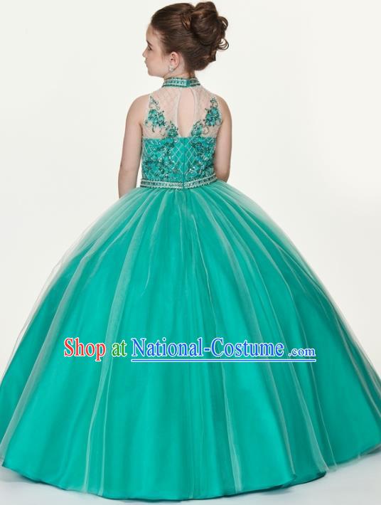 Professional Girls Compere Green Veil Long Full Dress Modern Fancywork Catwalks Stage Show Costume for Kids