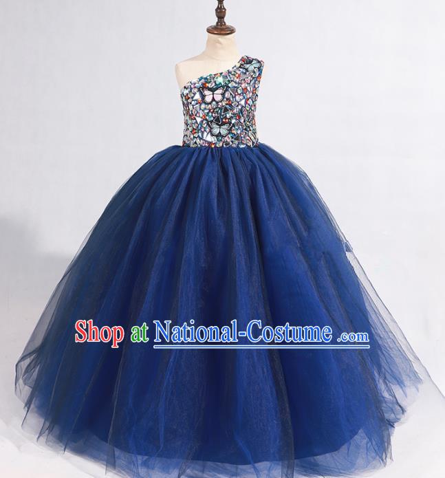 Professional Girls Compere Navy Veil Long Full Dress Modern Fancywork Catwalks Stage Show Costume for Kids