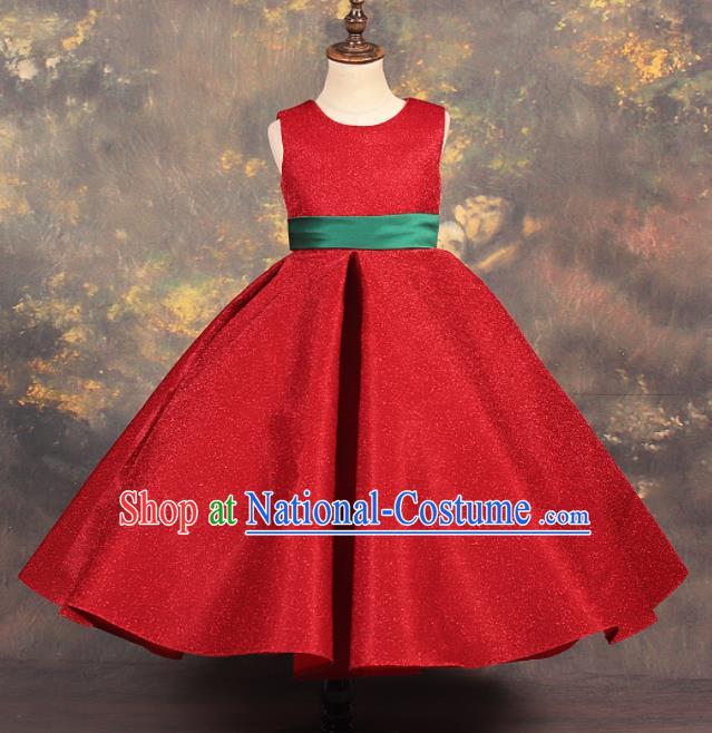 Professional Catwalks Stage Show Dance Red Dress Modern Fancywork Compere Court Princess Costume for Kids