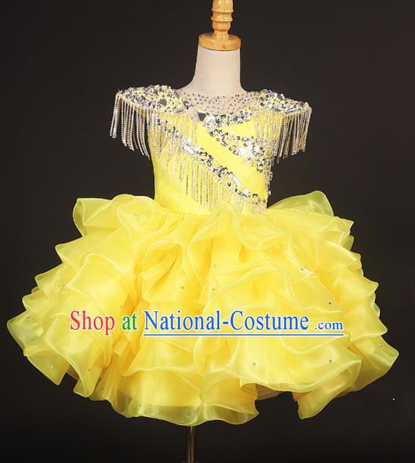 Professional Catwalks Stage Show Dance Yellow Veil Short Dress Modern Fancywork Compere Court Princess Costume for Kids