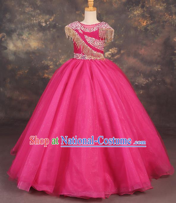 Professional Catwalks Stage Show Dance Rosy Veil Long Dress Modern Fancywork Compere Court Princess Costume for Kids