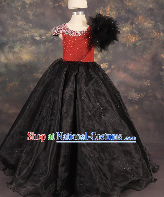 Professional Catwalks Stage Show Dance Black Veil Long Dress Modern Fancywork Compere Court Princess Costume for Kids