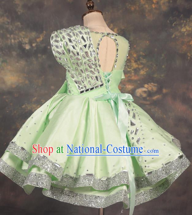 Professional Catwalks Stage Show Dance Crystal Green Dress Modern Fancywork Compere Court Princess Costume for Kids