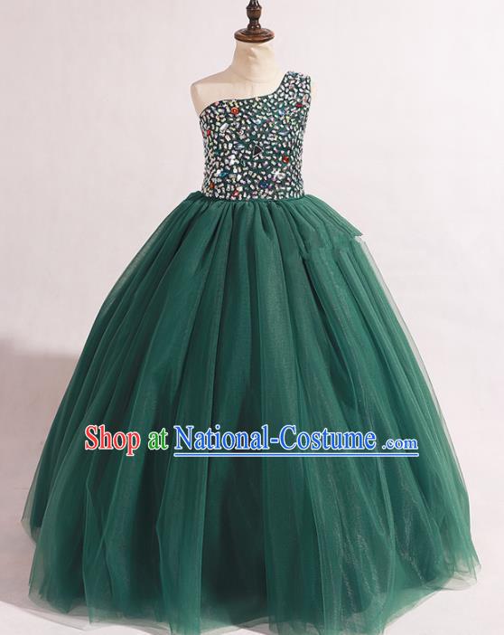 Professional Girls Compere Deep Green Veil Long Full Dress Modern Fancywork Catwalks Stage Show Costume for Kids