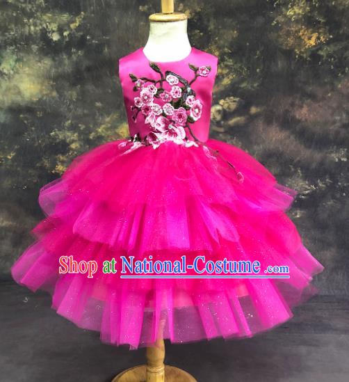 Professional Catwalks Stage Show Rosy Veil Dress Modern Fancywork Compere Court Princess Dance Costume for Kids