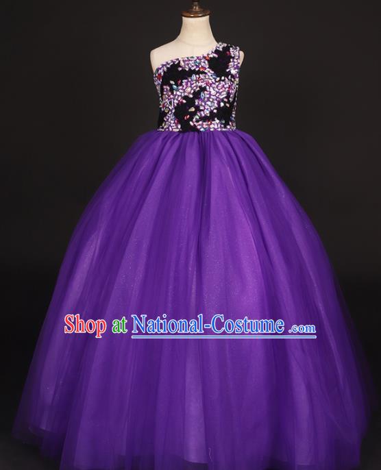 Professional Girls Compere Purple Veil Long Full Dress Modern Fancywork Catwalks Stage Show Costume for Kids