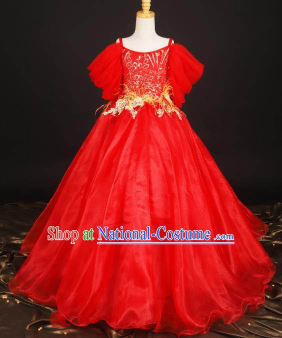 Professional Girls Compere Waltz Dance Red Full Dress Modern Fancywork Catwalks Stage Show Costume for Kids