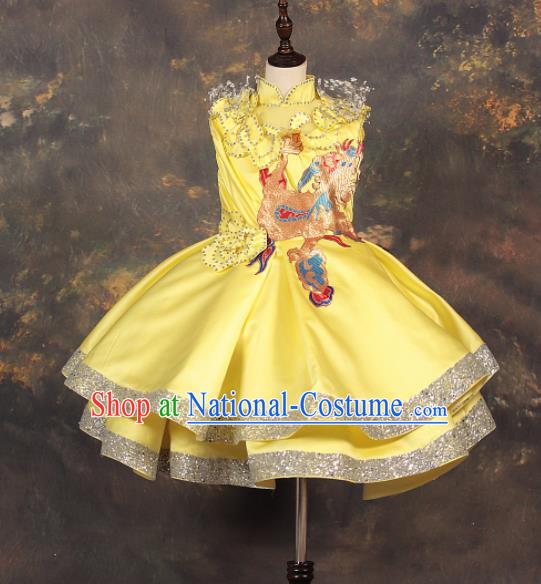 Chinese Stage Performance Catwalks Embroidered Yellow Full Dress Modern Fancywork Dance Costume for Kids