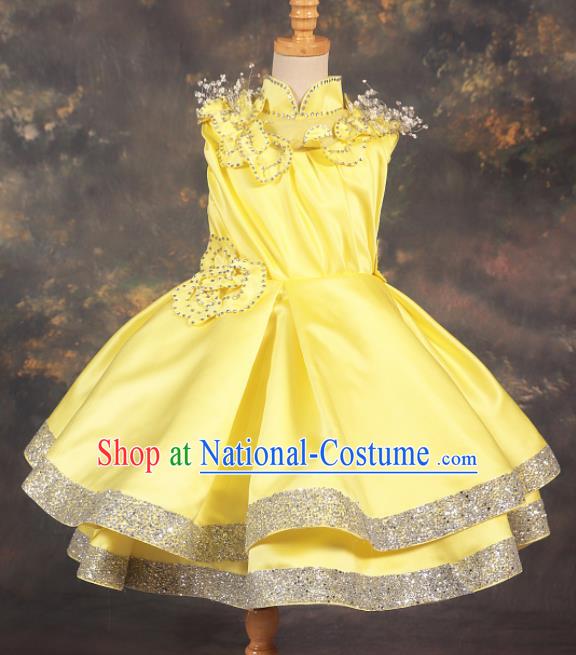 Professional Catwalks Stage Show Dance Yellow Dress Modern Fancywork Compere Court Princess Costume for Kids