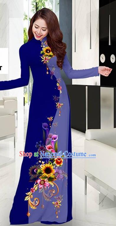 Navy Aodai Cheongsam Asian Vietnam Traditional Costume Vietnamese Bride Classical Qipao Dress for Women