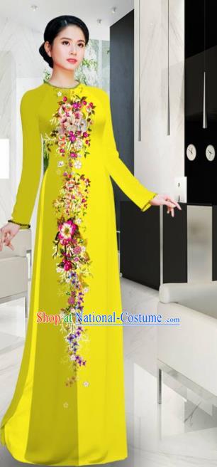 Asian Printing Flowers Yellow Aodai Cheongsam Vietnam Traditional Costume Vietnamese Bride Classical Qipao Dress for Women