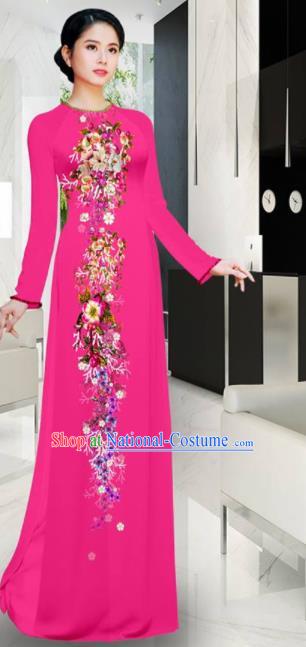 Asian Printing Flowers Rosy Aodai Cheongsam Vietnam Traditional Costume Vietnamese Bride Classical Qipao Dress for Women