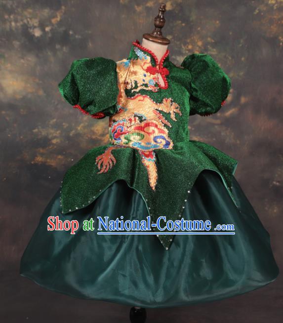 Chinese Stage Performance Catwalks Embroidered Green Full Dress Modern Fancywork Dance Costume for Kids