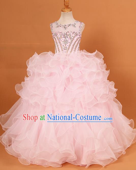 Professional Girls Compere Waltz Dance Pink Full Dress Modern Fancywork Catwalks Stage Show Costume for Kids