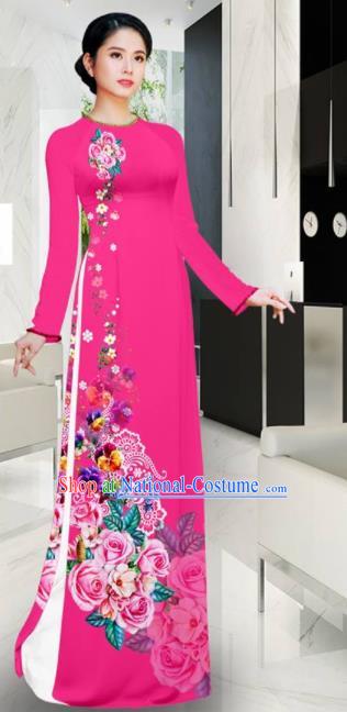 Asian Vietnam Printing Roses Rosy Aodai Cheongsam Traditional Costume Vietnamese Bride Classical Qipao Dress for Women