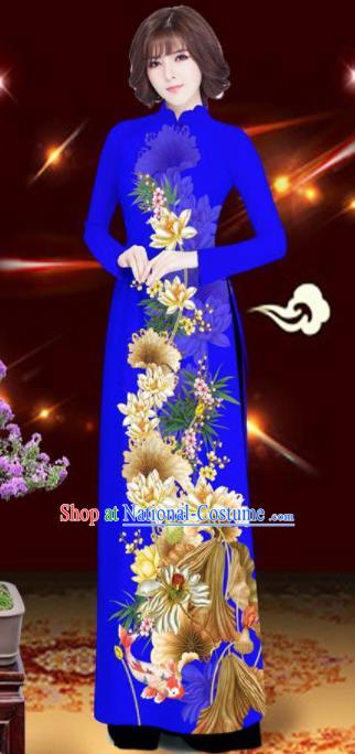 Asian Vietnam Printing Lotus Royalblue Aodai Cheongsam Traditional Costume Vietnamese Bride Classical Qipao Dress for Women