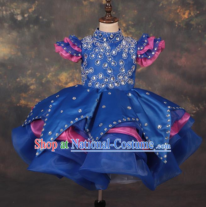 Professional Catwalks Stage Show Dance Royalblue Veil Dress Modern Fancywork Compere Court Princess Costume for Kids