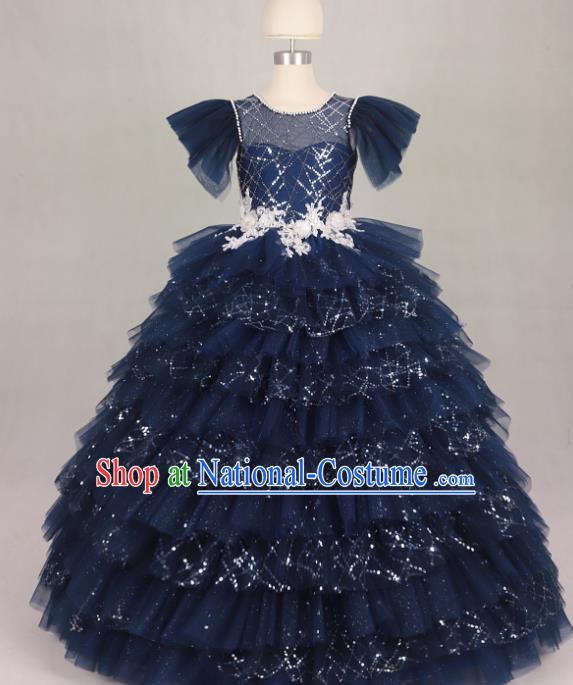 Professional Girls Compere Waltz Dance Navy Full Dress Modern Fancywork Catwalks Stage Show Costume for Kids