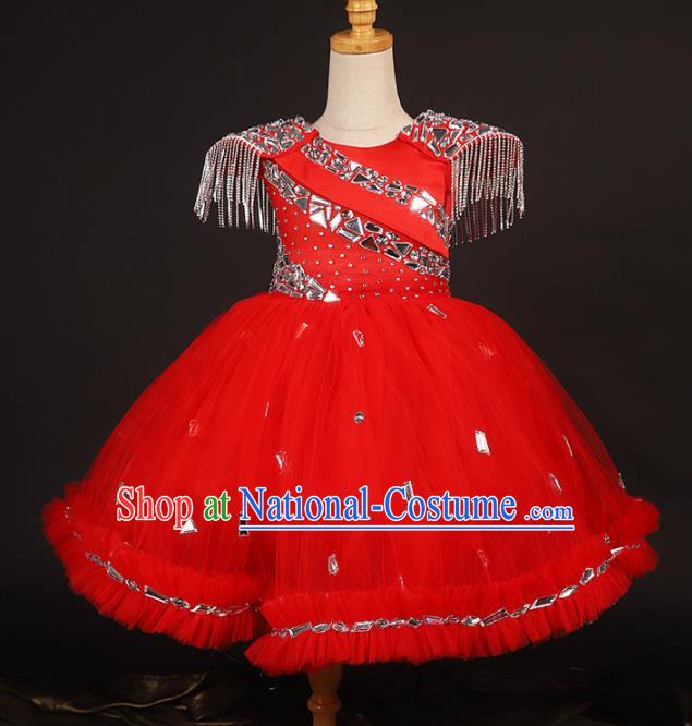 Professional Catwalks Stage Show Dance Red Veil Dress Modern Fancywork Compere Court Princess Costume for Kids