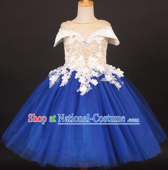 Professional Catwalks Stage Show Dance Blue Veil Dress Modern Fancywork Compere Court Princess Costume for Kids