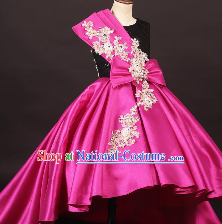 Professional Catwalks Stage Show Dance Rosy Satin Trailing Dress Modern Fancywork Compere Court Princess Costume for Kids