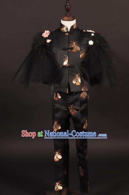 Professional Boys Catwalks Black Suits Stage Show Clothing Modern Fancywork Compere Costume for Kids