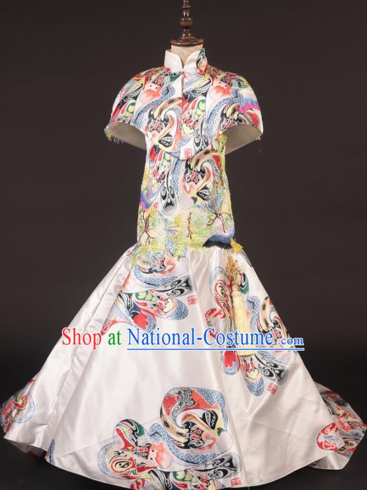 Chinese Stage Performance White Qipao Catwalks Full Dress Modern Fancywork Dance Costume for Kids