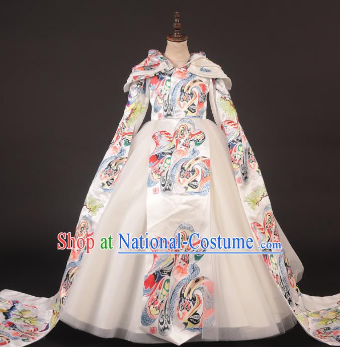 Chinese Stage Performance Catwalks White Full Dress Modern Fancywork Dance Costume for Kids