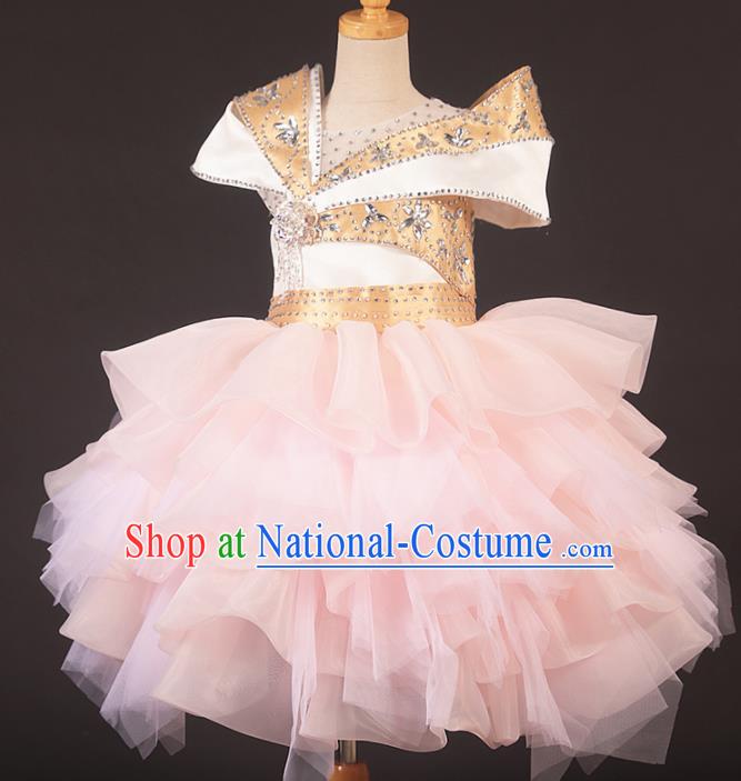 Professional Girls Catwalks Stage Show Dance Pink Bubble Dress Modern Fancywork Compere Court Princess Costume for Kids