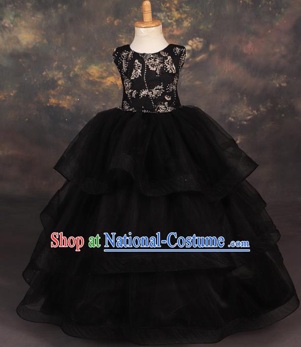 Professional Girls Catwalks Stage Show Dance Black Veil Dress Modern Fancywork Compere Court Princess Costume for Kids