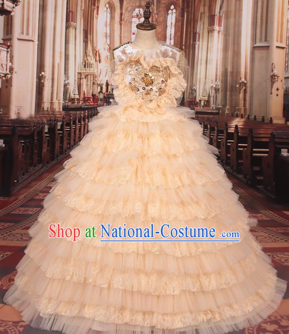 Professional Girls Catwalks Stage Show Dance Champagne Veil Dress Modern Fancywork Compere Court Princess Costume for Kids