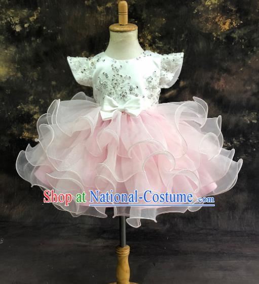 Professional Catwalks Stage Show Pink Bubble Dress Modern Fancywork Compere Court Princess Dance Costume for Kids