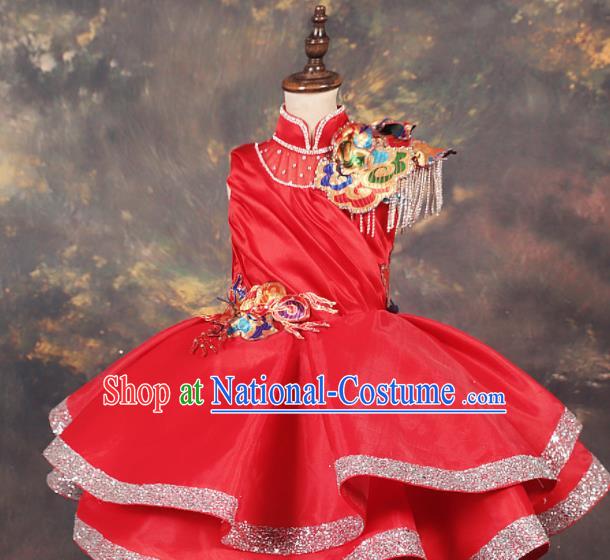 Chinese Stage Performance Folk Dance Catwalks Red Full Dress Modern Fancywork Dance Costume for Kids