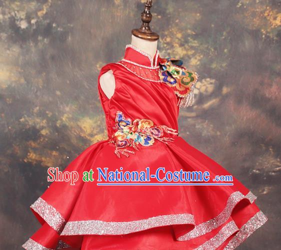 Chinese Stage Performance Folk Dance Catwalks Red Full Dress Modern Fancywork Dance Costume for Kids