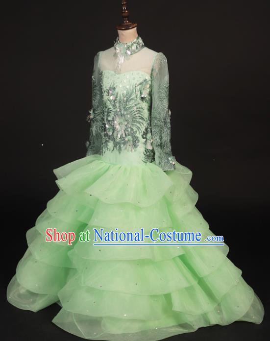 Professional Girls Catwalks Stage Show Dance Green Veil Mermaid Dress Modern Fancywork Compere Court Princess Costume for Kids