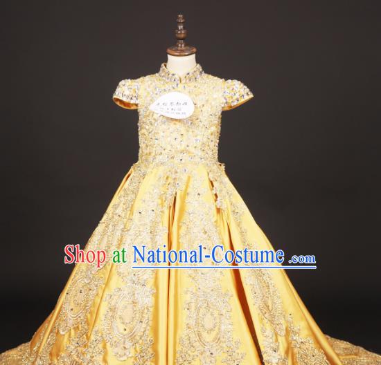 Professional Girls Catwalks Waltz Dance Yellow Dress Modern Fancywork Compere Stage Show Court Princess Costume for Kids