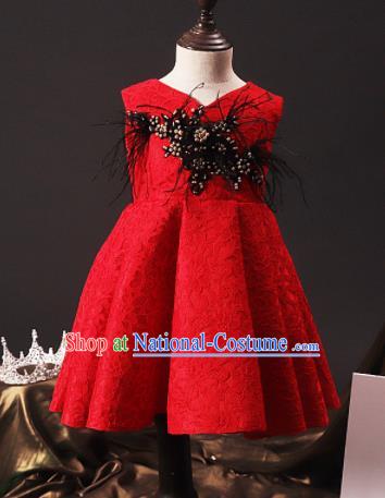 Professional Girls Catwalks Waltz Dance Red Short Dress Modern Fancywork Compere Stage Show Costume for Kids