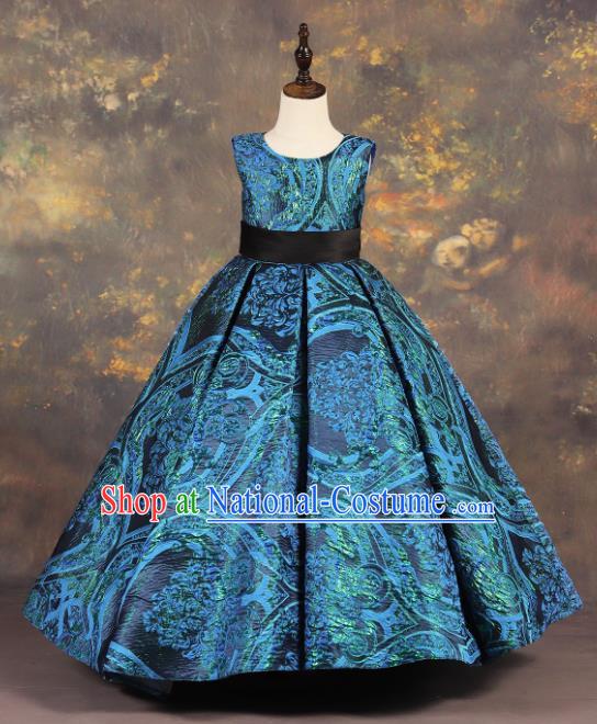 Professional Catwalks Stage Show Dance Blue Dress Modern Fancywork Compere Court Princess Costume for Kids