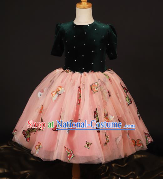 Professional Girls Catwalks Waltz Dance Embroidered Butterfly Pink Dress Modern Fancywork Compere Stage Show Costume for Kids