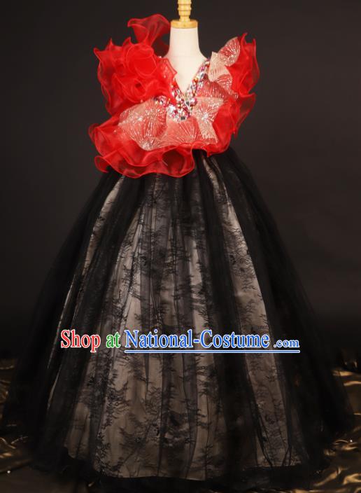 Professional Girls Catwalks Waltz Dance Black Veil Dress Modern Fancywork Compere Stage Show Costume for Kids