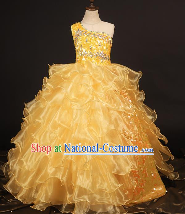 Professional Girls Catwalks Waltz Dance Yellow Veil Dress Modern Fancywork Compere Stage Show Costume for Kids