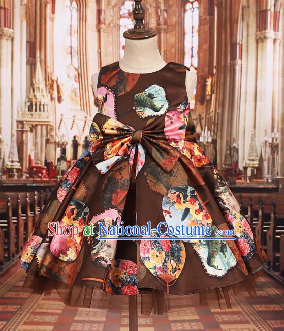 Professional Girls Catwalks Waltz Dance Printing Brown Dress Modern Fancywork Compere Stage Show Costume for Kids