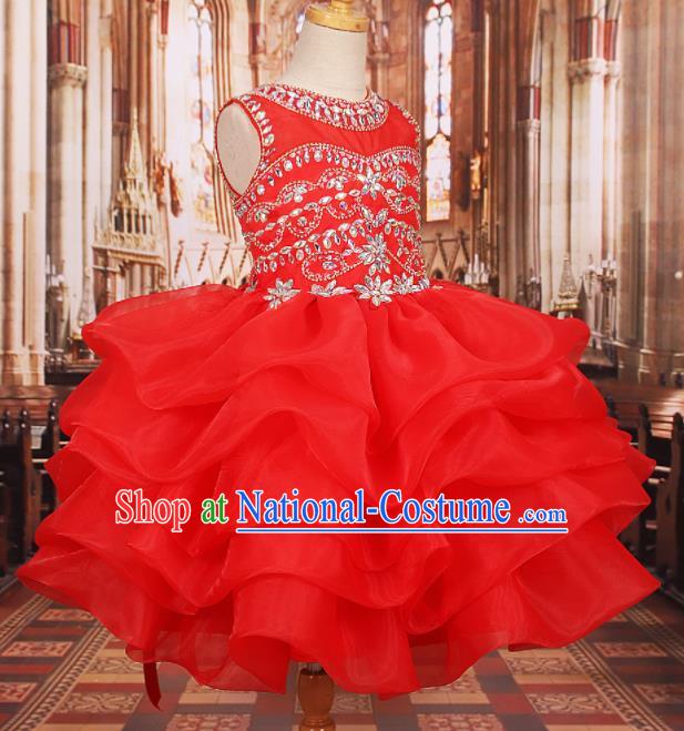 Professional Girls Catwalks Waltz Dance Red Veil Short Dress Modern Fancywork Compere Stage Show Costume for Kids