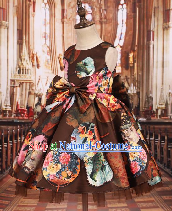 Professional Girls Catwalks Waltz Dance Printing Brown Dress Modern Fancywork Compere Stage Show Costume for Kids