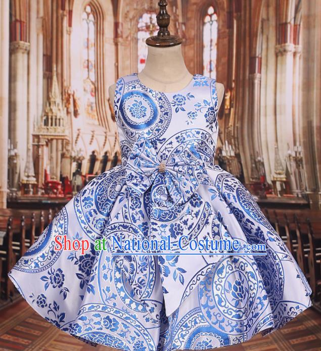 Professional Girls Catwalks Waltz Dance Printing White Dress Modern Fancywork Compere Stage Show Costume for Kids